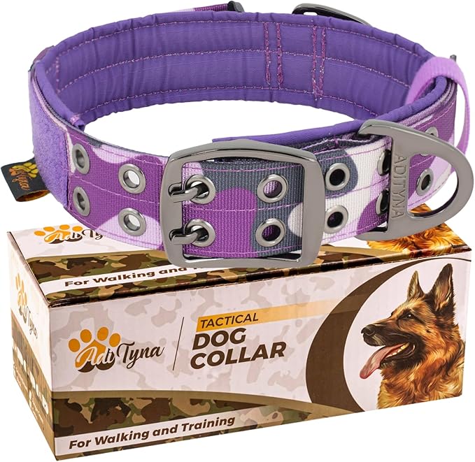 ADITYNA Heavy Duty Dog Collar for Large Dogs - Camo Purple Collar with Handle for Training, and Walking - Wide, Thick, Tactical, Soft Neoprene Padded