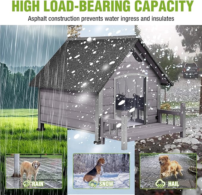 GUTINNEEN Outdoor Heated Dog House Insulated Dog Kennel with All-Around Metal Frame, Weatherproof Anti-Bite Dog Shelter with Porch, Wooden Puppy Home Indoor(Grey, 45’’ Medium)