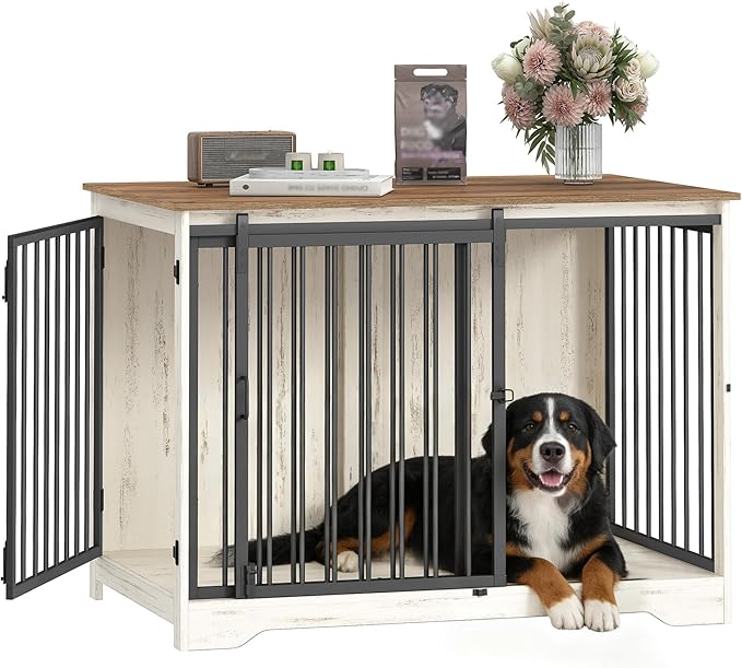 43.3" Dog Crate Furniture with Barn Door, Heavy Duty Dog Kennel Indoor with 2 Doors, Wooden Pet Cage End Table for Large Small Medium Dogs, Anti-Chew Anti-Escape, White Brown DFC92314B