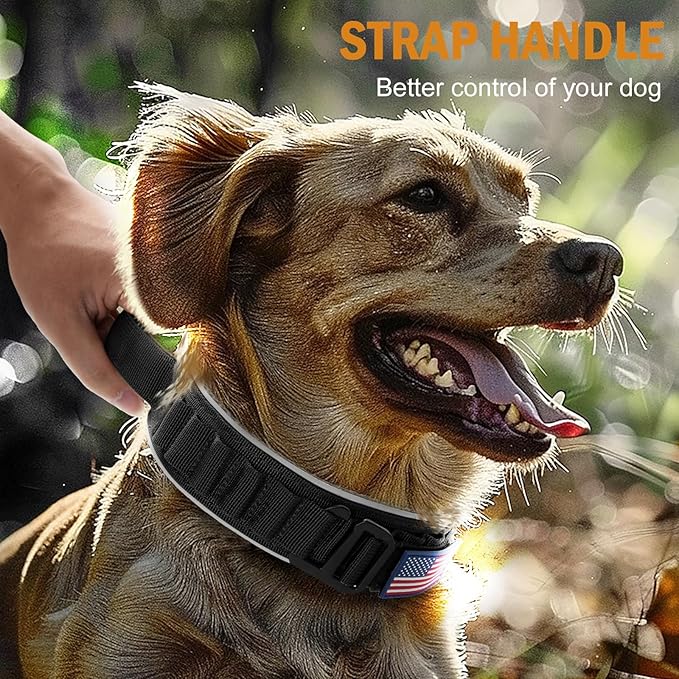 HYDEME Tactical Dog Collar and Leash Set, Alpine Loop Adjustable Reflective Military Training Nylon Dog Collars with Handle Shock Retractable Dog Leash for Small Medium Large Dogs.(M,Black-Set)