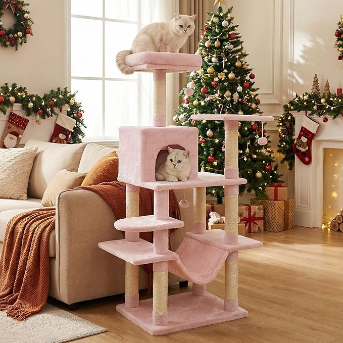 Tangkula 58 Inch Pink Cat Tree, Multi-Level Cat Tower with Sisal Scratching Posts, Padded Top Perch, Condo & Hammock, 3 Hanging Balls, Jumping Platforms for Indoor Cats (Pink)