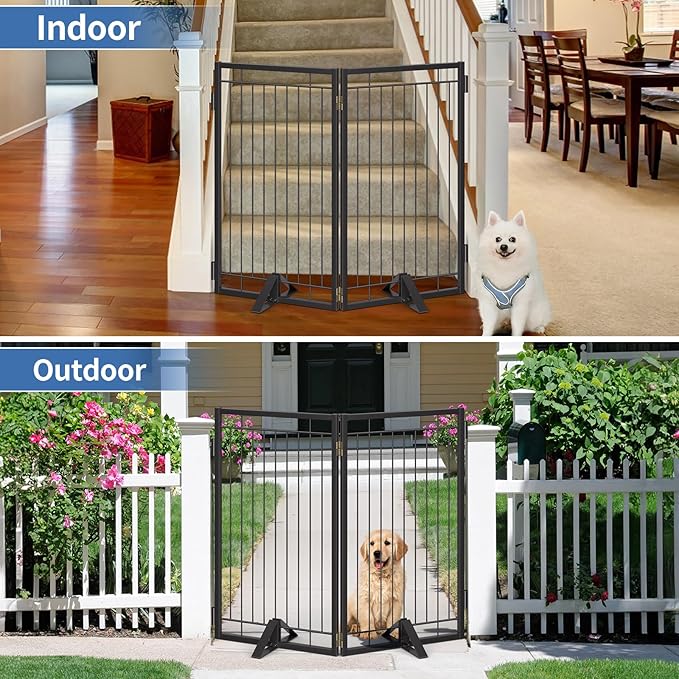 Metal Free Standing Dog Gate with Cat Door for Indoor/Outdoor,40" Extra Wide Foldable Pet Gate,36" Tall Puppy Fence for Large Openings Stairs,Deck,Yard,Doorways(2 Panels,Black)