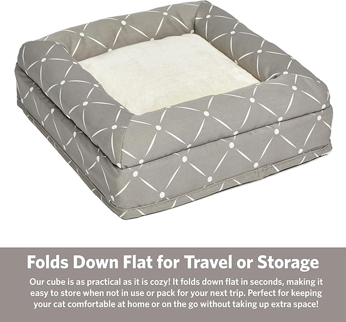 MidWest Homes for Pets Feline Nuvo Curious Cat Cube, Foldable Cat Hideout with Toy, Bolstered Bed Top, Mushroom Diamond, Faux Fur