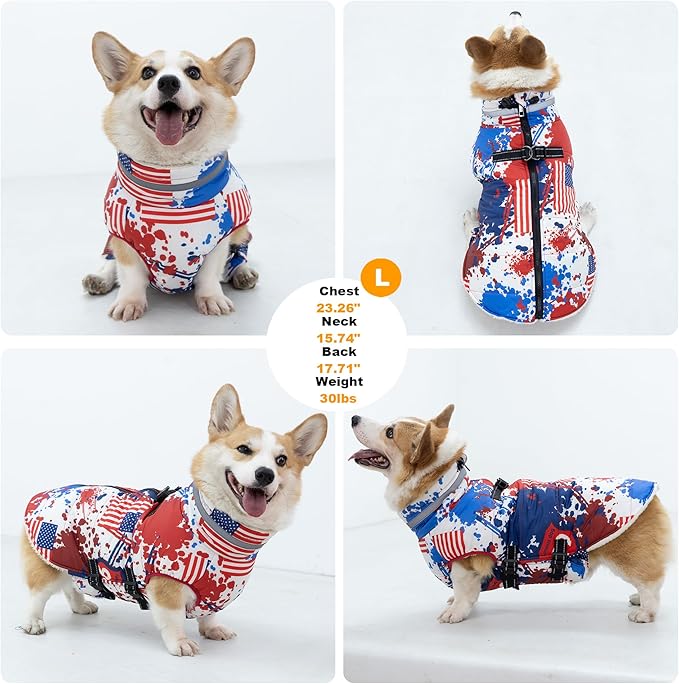 Mklhgty Large Dog Coat with Harness Built-in, Waterproof Reflective Fleece Lined - Warm Windproof Winter Jacket with Back Zipper, Cold Weather Snow Dog Coats - American Flag - XL
