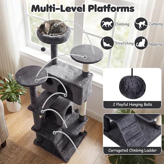 Tangkula Cat Tree Tower, 52 Inch Multi-Level Cat Tower with Sisal Scratching Posts, Cushioned Top Perch, Large Dual Condos & Ladder, 2 Hanging Balls, Jumping Platforms for Indoor Cats (Dark Gray)