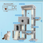 Hey-brother Cat Tree Tower, Scratching Posts with Big Platform, 2 Condos, Spacious Hammock, Cozy Basket, Sisal Board for Indoor Large Adults, 50 Inches Progressive Climbing House, Light Gray MPJ071W