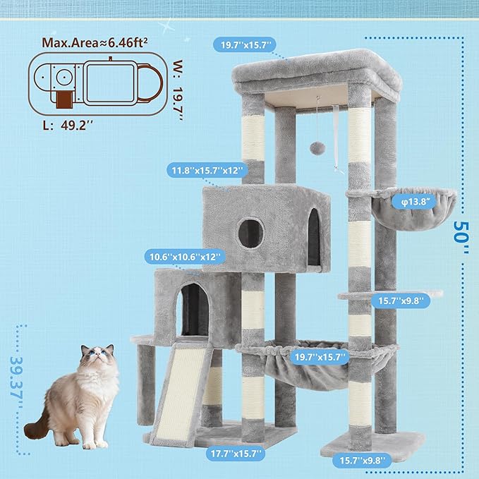 Hey-brother Cat Tree Tower, Scratching Posts with Big Platform, 2 Condos, Spacious Hammock, Cozy Basket, Sisal Board for Indoor Large Adults, 50 Inches Progressive Climbing House, Light Gray MPJ071W