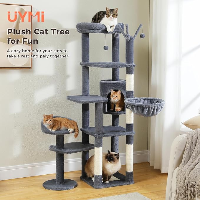 Large Cat Tree for Indoor Cats, 59" Tall Cat Tower with 3 Removable Pompom Sticks, Spacious Condo, Large Hammock and Scratching Posts, Sturdy Play House for Large Cats,Dark Grey