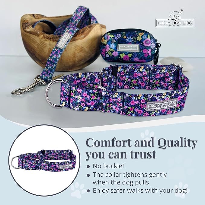 Lucky Love Dog Wide Martingale Dog Collar - No-Slip, Durable, & Soft Webbing 1.5 inch Martingale Collar for Dogs Male and Female Ideal for Training & Walking - Caroline, Large