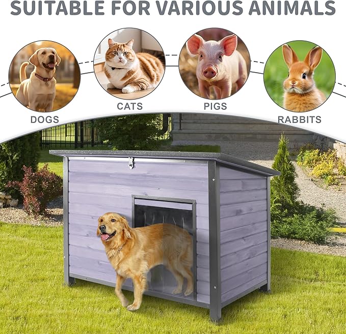 Dog House Outdoor Weatherproof, Sturdy Large Breed Doghouse Anti-Chewing Iron Frames Wood Houses, Dog Shelter for Indoor Puppies, Cats