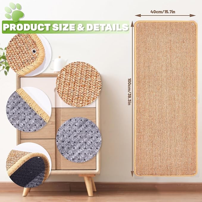 Natural Sisal Cat Scratcher Mat, Wall Scratcher Carpet, Cat Climbing Wall, Large Tall Scratching Post, Sofa Protector, Scratching Mat Pad for Indoor Cats (Brown, 39.3" Lx15.7 W, 2PCS)
