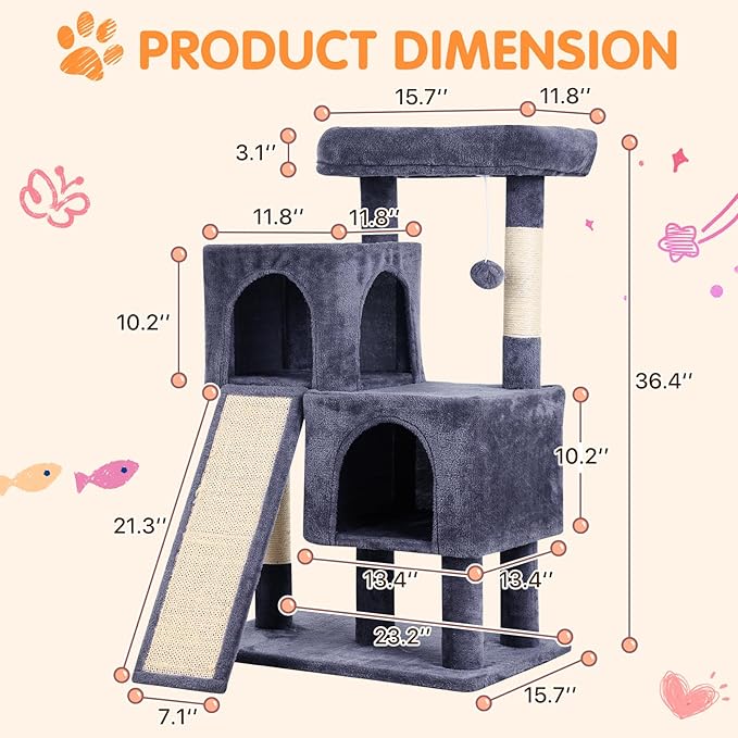 Cat Tree 36-Inch Cat Tower with Scratching Post Multi-Level Cats Condo with Ramp,Large Perch,Dangling Ball,Pet Play Tower for Kittens & Adult Cats(Dark Grey)