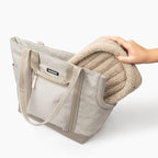 Cleverpup Transit Tote Dog Carrier for Small/Medium Dogs 8-20 lbs, 19x12x9 Soft-Sided 4-Pc Set with Waterproof Base, Plush Insert, Food Pouch, Mesh Head Opening - Medium, Sand
