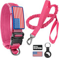 Tactical Dog Collar and Bungee Leash Set, Adjustable Military Training Nylon Dog Collar with Controll Handle and Heavy Metal Buckle，with USA American Flag, Patches and Airtags Case(Pink, L)
