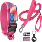 Tactical Dog Collar and Bungee Leash Set, Adjustable Military Training Nylon Dog Collar with Controll Handle and Heavy Metal Buckle，with USA American Flag, Patches and Airtags Case(Pink, L)