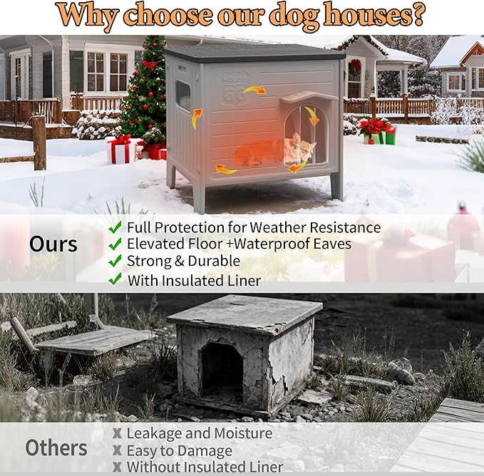 Insulated Dog House Outdoor Weatherpoof Plastic Dogs Houses Indoor Waterproof Stray/Pet Dog Shelter Outside for Medium and Small Dogs