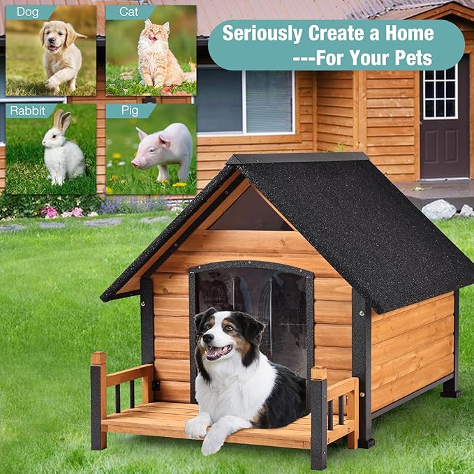 Large Dog House with Proch, Weatherproof Outdoor Kennel for Large Dogs, Chew-Resistant Iron Frame & Asphalt Roof for Outdoor (Wood, XL)