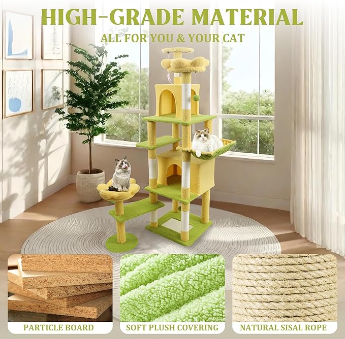 Adorable Flower Cat Tree Tower – Multi-Level Cat House with Cozy Condo, Scrat Ching Posts, Hammock & Play Perch for Indoor Cats, Large Top Perch, Hammock, Tall Pet Climbing Stand (Yellow 71”)