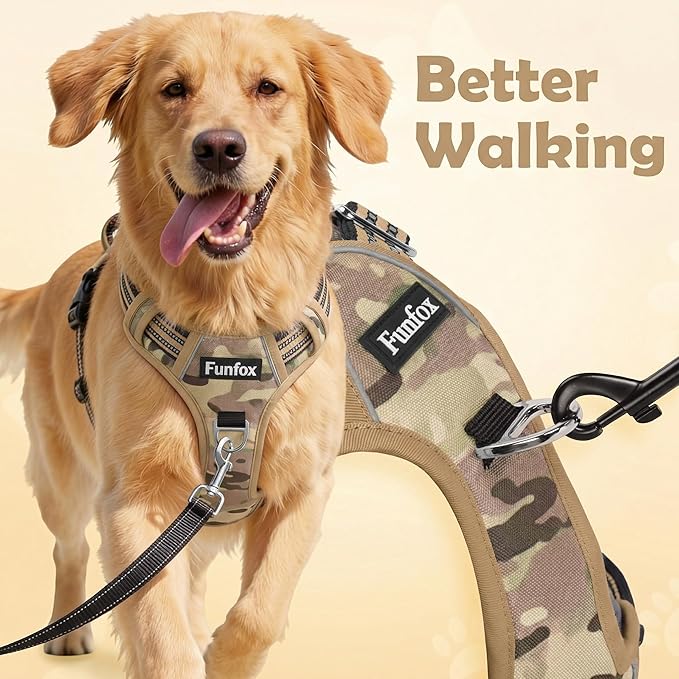 Funfox Dog Harness No Pull, Adjustable Pet Vest Harness, Super Soft Material with Vertical Handle Easy Control, Reflective Night Walking, 2 Leash Clips for XLarge Dogs, Camo Brown, XL