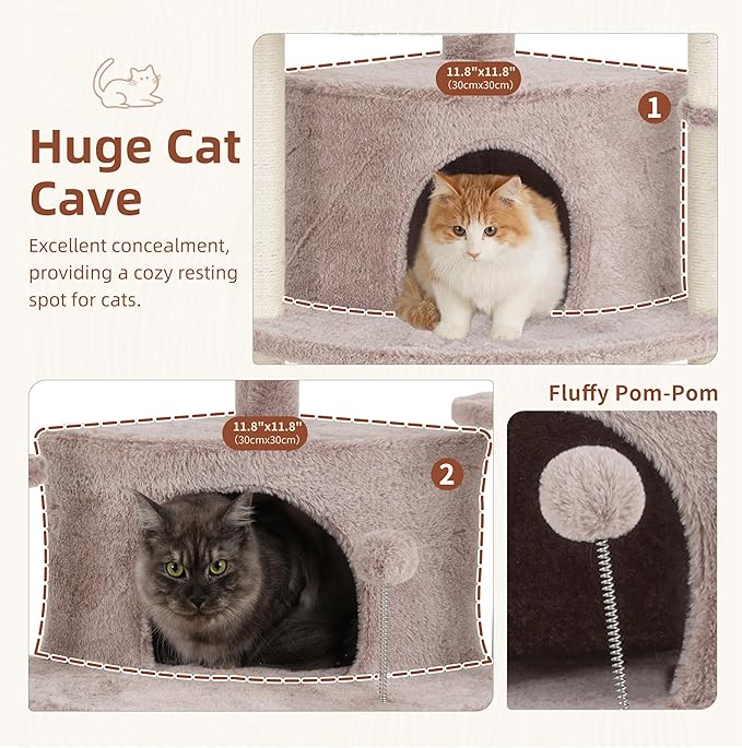Corner Cat Tree for Indoor Cats, Cat Tower with All Sisal Scratching Posts, Multi-Level Cat Condo wth 2 Large Cat Caves, Big Top Perch, 2 Hanging Baskets, Sisal Ramp, Mushroom GCT035MU