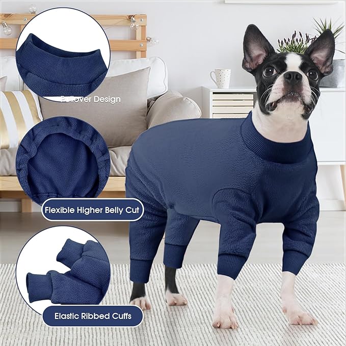 IECOii 4XL Dog Jacket, Dogs Fleece Sweaters with Long Sleeves, Warm & Stretchy Coat for Boy and Girl, Cold Weather Coat, Dog Pajamas for Large Breeds, Machine Washable, Navy Blue, Size XXXXL