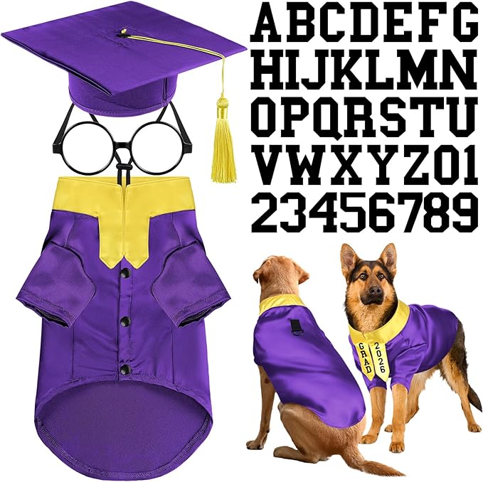 5 Pcs Dog Graduation Costume Set Include 2026 Pet Graduation Gown with Stole Puppy Grad Cap Lensless Glasses DIY Letter Stickers for Dogs Cats Holiday Costume Accessory(Purple Yellow,XXL)