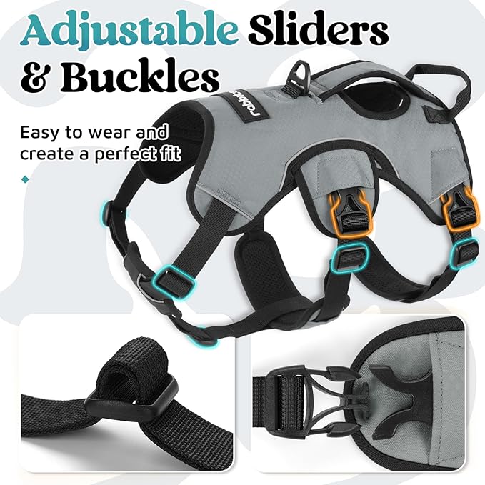rabbitgoo Escape Proof Dog Harness, Soft Padded Full Body Pet Harness, Reflective Adjustable No Pull Vest with Lift Handle and Leash Clip for Large Dogs Walking Hiking Training, M, Grey
