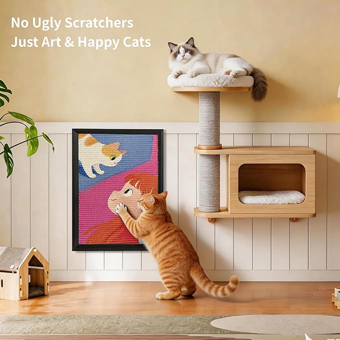 Art Cat Scratcher, Wall Mounted Sisal Cat Scratcher for Indoor Cats 17.01x13.1x1.18 Inches, Furniture Protector, Cat Scratch Rug, Decorative Cat Wall,Easy Install,No Drilling
