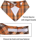 ADOGGYGO Fall Dog Tuxedo Bandana, Orange Plaid Pet Tux Collar with Bowtie, Adjustable Halloween Thanksgiving Formal Costume for Small Dogs Pets (S)