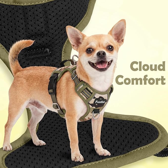 Funfox Dog Harness No Pull, Adjustable Pet Vest Harness, Super Soft Material with Vertical Handle Easy Control, Reflective Night Walking, 2 Leash Clips for Small Sized Dogs, Camo Green, S