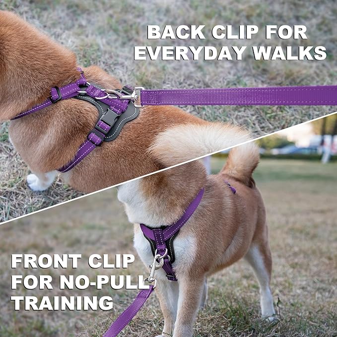Plutus Pet Adjustable No Pull Dog Harness with Leather Accents, Heavy Duty Reflective Nylon Vest for Training, Hiking, Easy Walk Harness for Small, Medium, Large Dogs (Purple, M)