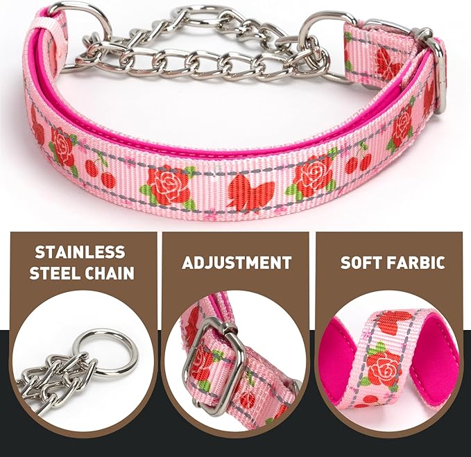 Rose Flower Pattern Martingale Collar, Reflective No-Pull Adjustable Dog Training Collar with Chain for Medium, Large & XL Breeds(Medium Rose)