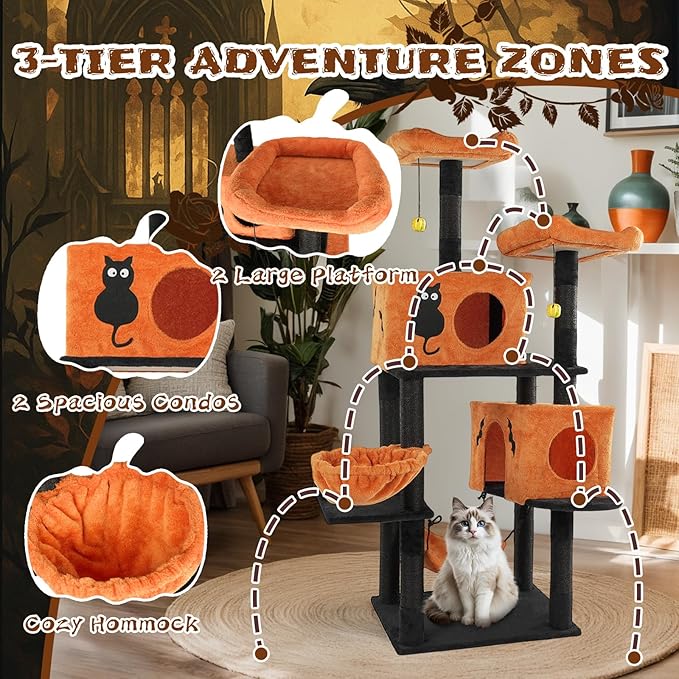 Halloween Cat Tree, 5-Level Cat Tower with 2 Condos & 2 Hammocks, Black & Orange Cat Furniture with Sisal Scratching Posts, Spooky Themed Pet Playground for Indoor Cats (60 in Halloween)