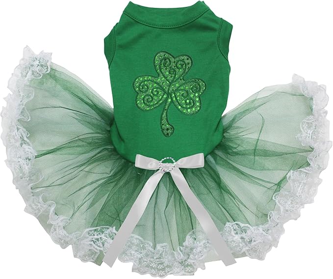 Petitebella Green Sequins Clover Puppy Dog Dress (Green/Green White Lace, Small)