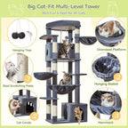 Taoqimiao 72 Inch Cat Tree, XXL Cat Tower for Indoor Cats Large Adult 25Lbs+, Extra-Large Platform, 2 Cat Houses, 7 Scratching Post, Extra-Sized Durable Hammock, Cozy Basket, Smoky Gray, F20G