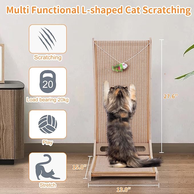 Sisal Cat Scratchers for Indoor Cats, 26.8'' L-Shape Cat Scratching Board, Solid Wooden Cats Scratch Pad with Mouse Toy, Large Cats Scratching Posts to Protect Furniture(Vertical Scratcher)
