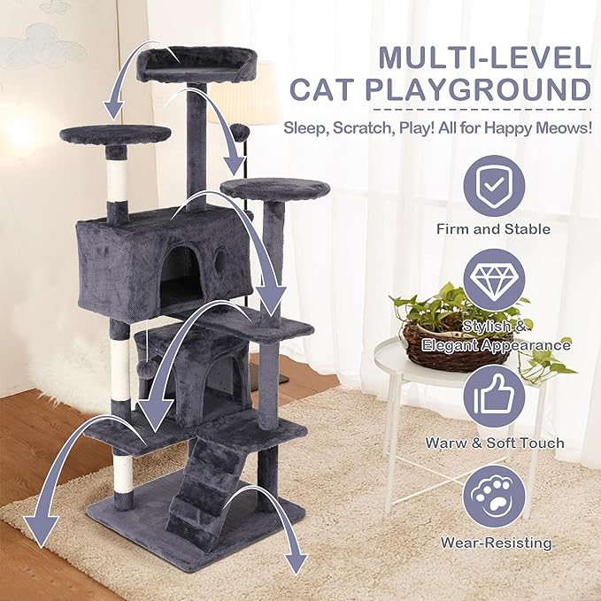 Go Pet Club 70'' Tall Multi-Level Cat Tree with Scratching Post, Stand Platform, Cat Condo, Tower and Funny Toy for Medium Indoor Cats