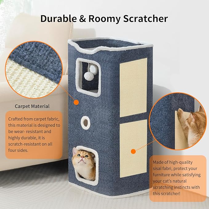 Cat House, Cat Beds for Indoor Cats, 3-Story Cat Condo Cube with Scratch Pad and Fluffy Ball Hanging, Multi-Level Cozy Hideout Center Ideal for Small/Medium Cats
