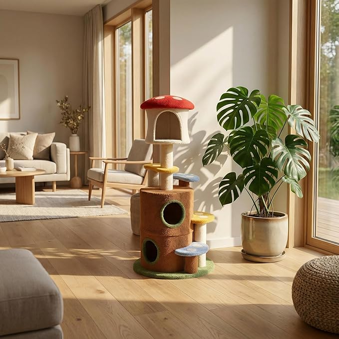 Mushroom Cat Tree with Large Condo Platform Ladder, Cat Tower with Play Holes, Cat Cave, Scratching Posts, Multi-Level Cat Furniture for Kittens/Cats