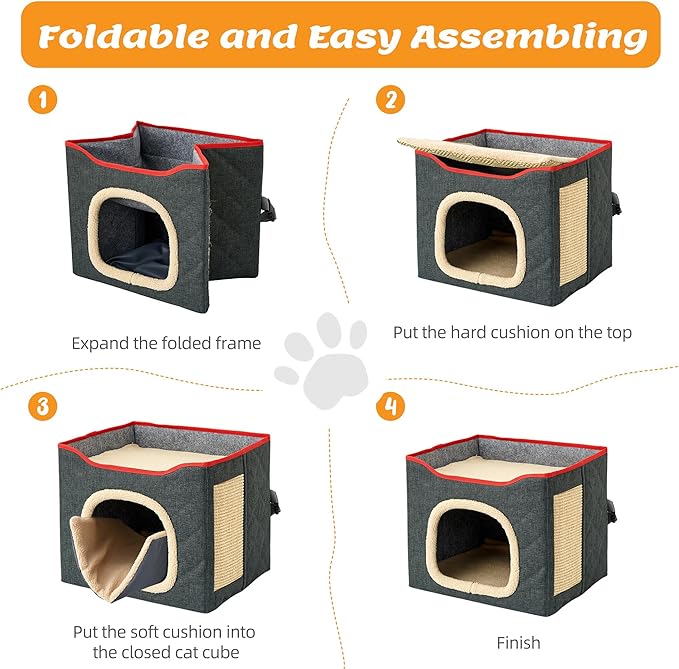 Cat Houses for Indoor Cat, Large 2-Sided Reversible Cushion Cat Condo with Safety Strap, Foldable Cat Hideway with Sisal Scratch Pad, All Seasons Pet Bed for Multi Cats,Dark Grey