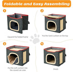 Cat Houses for Indoor Cat, Large 2-Sided Reversible Cushion Cat Condo with Safety Strap, Foldable Cat Hideway with Sisal Scratch Pad, All Seasons Pet Bed for Multi Cats,Dark Grey