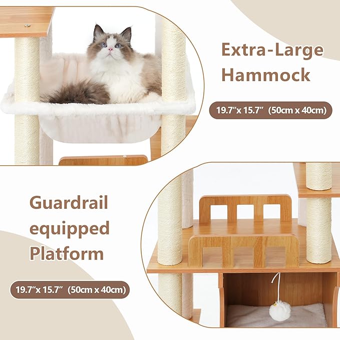 Cat Tree, 70.9 Inch Wood Cat Tower for Large Cats Adult, Modern Cat Furniture with Double-Layer Wooden Cat Condo, 2 Platforms, Large Hammock and Scratching Posts, Walnut GCT102WB