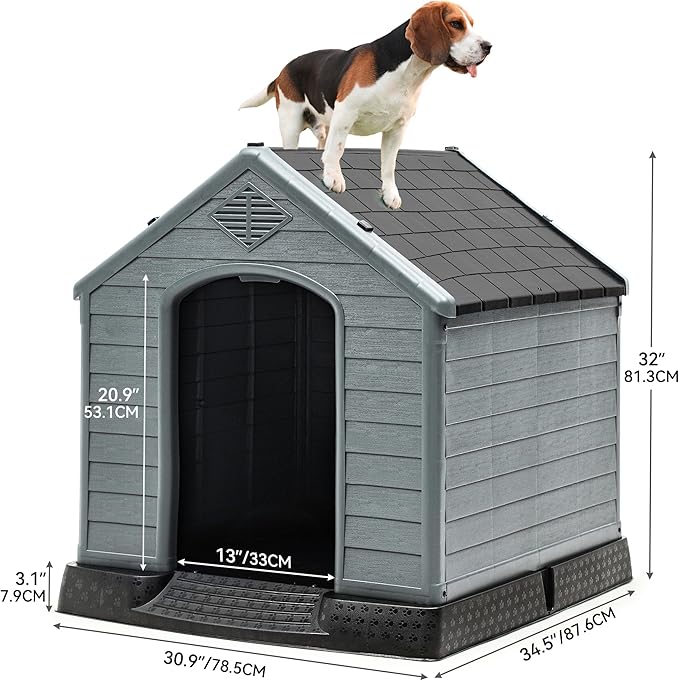 YITAHOME Plastic Dog House, Waterproof Indoor Outdoor Doghouse for Large or Small Dog, with Air Vents and Elevated Floor, Easy Assemble and Clean
