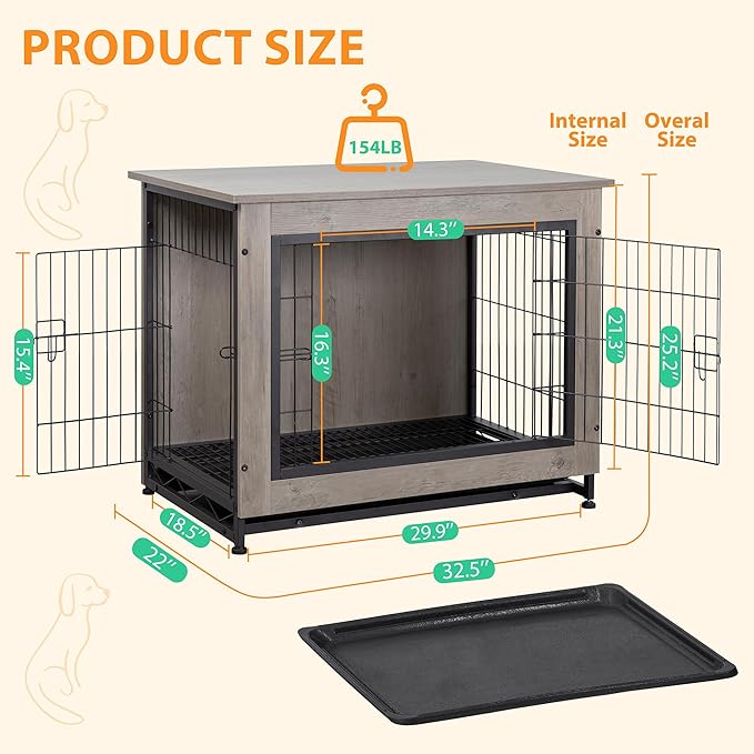 Shintenchi Dog Crate Furniture, Double-Doors Kennel Indoor with Removable Tray, End Table Dog House for Small Medium Breed, 32.5" L, Grey