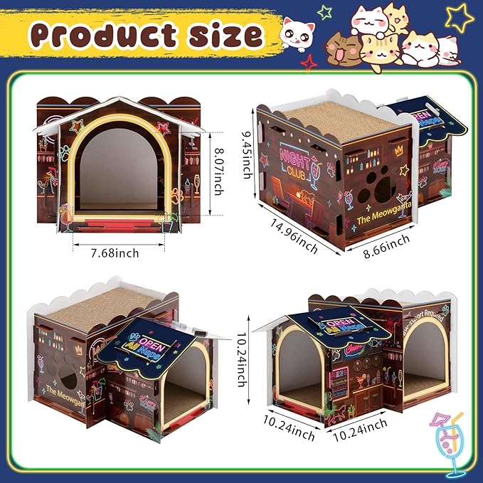 2 Story Cardboard Cat House with Scratcher Pad for Small Kitten,17x12x10 Multi Level Durable Cat Condo & Villa for Bunny Rabbit Small Animals Christmas Birthday Gift(Bar)