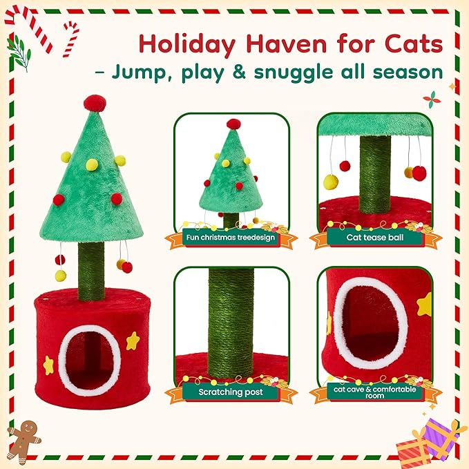 Cat Tree Tower for Indoor Cats, Small Cat Tree with Sisal Scratching Posts and Cozy Cat Bed, Multi-Functional Cat Furniture for Small and Adult Cats，Green&Red