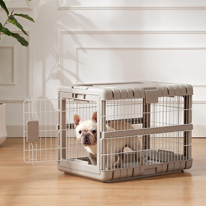 Collapsible Dog Crate for Dogs - 28" L Heavy Duty Dog Kennel No Tools Required with 4 Sides Steel Foldable Cage for Dogs Indoor Furniture, Portable Carrier with 2 Smooth Wheels, Beige