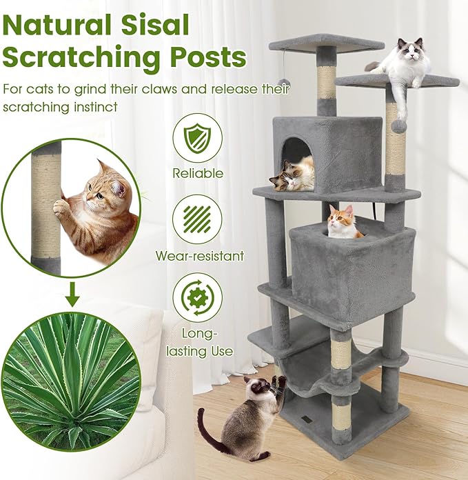 PETSITE 57-inch Modern Cat Tree, Multi-Level Cat Tower with 2 Comfy Condos, Sisal Scratching Posts, Plush Top Perch, Snug Hammock, and Dangling Balls, Ideal for Indoor Cats and Kittens (Grey)