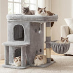 Heybly Cat Tree, 25.6-inch Cat Tower with Spacious Top Perch for Large Cats, Stair-Style Cat House Furniture with Dual-Layer Condos, Sisal Scratching Posts, Cozy Basket & Pompom, Light Gray HCT204SW