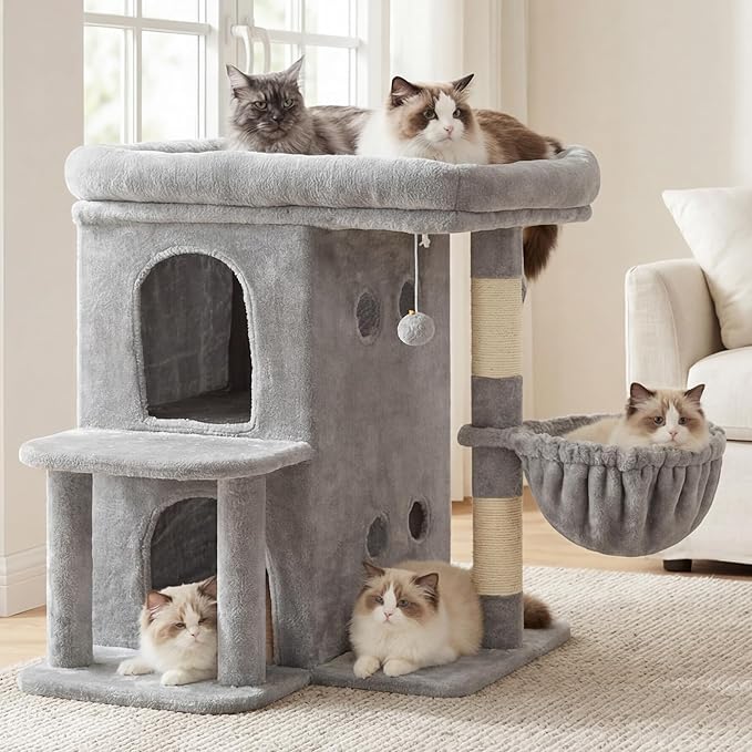 Heybly Cat Tree, 25.6-inch Cat Tower with Spacious Top Perch for Large Cats, Stair-Style Cat House Furniture with Dual-Layer Condos, Sisal Scratching Posts, Cozy Basket & Pompom, Light Gray HCT204SW